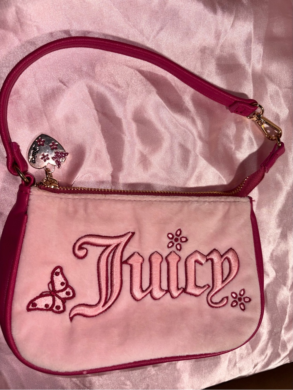 Juicy Couture Butterfly Pink Velvet Wristlet with Hot Pink Trim